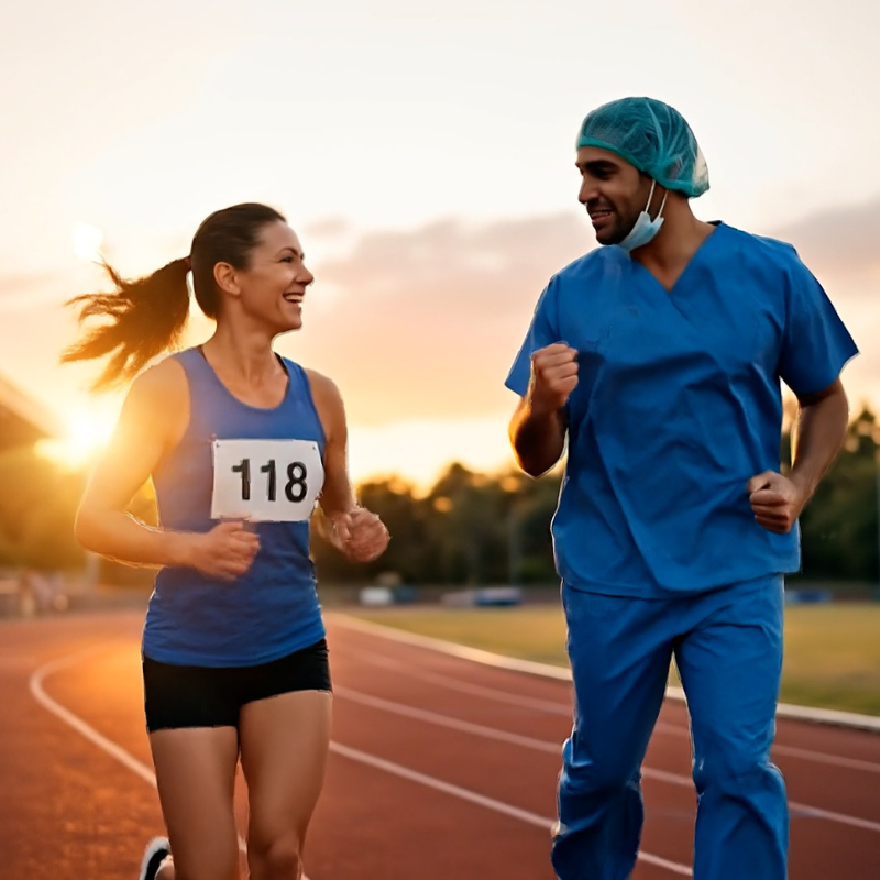 Doctor and patient celebrating on a running track